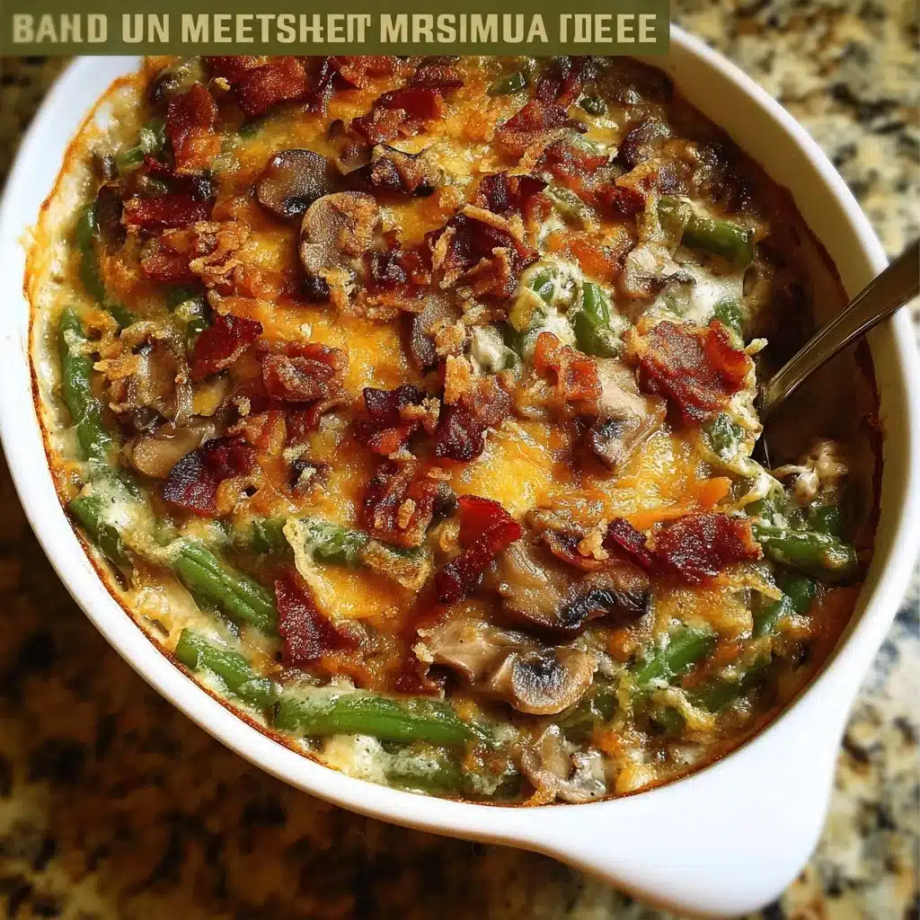Delicious Bacon Mushroom Green Bean Casserole in a baking dish
