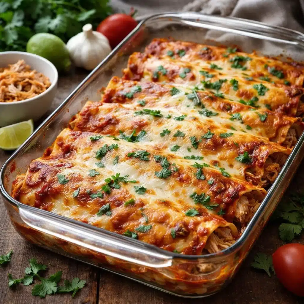 Delicious homemade chicken enchiladas topped with melted cheese and fresh cilantro
