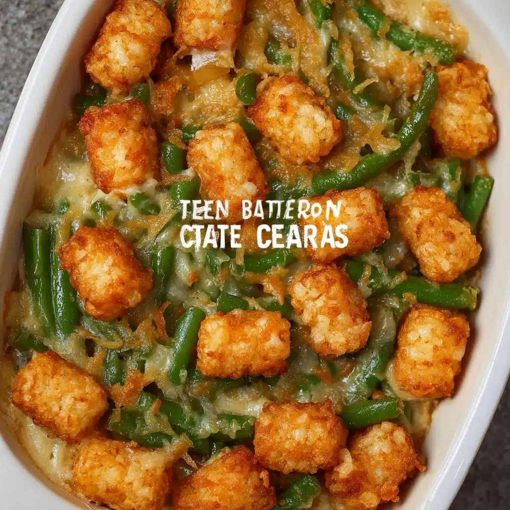 Delicious green bean casserole topped with crispy tater tots, a perfect veggie side dish.