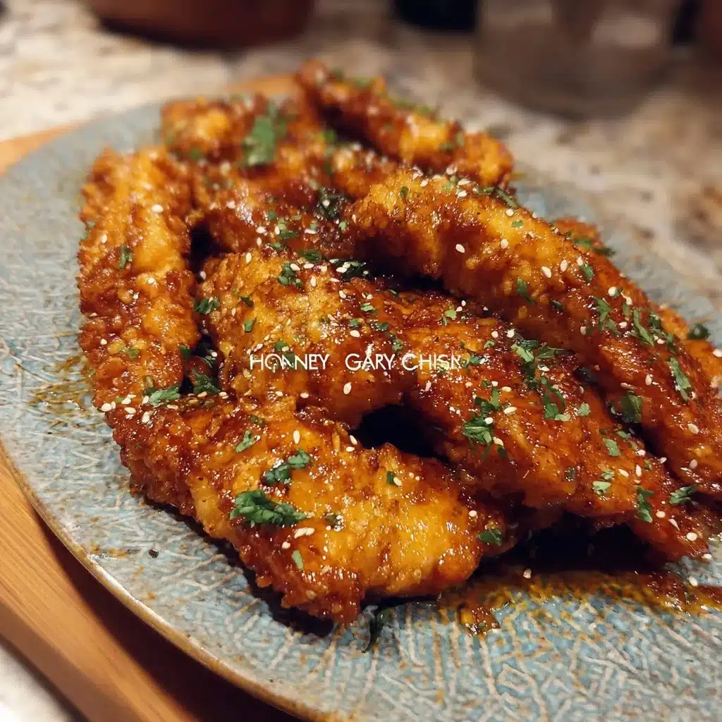 Crispy honey garlic chicken tenders served with a side of dipping sauce