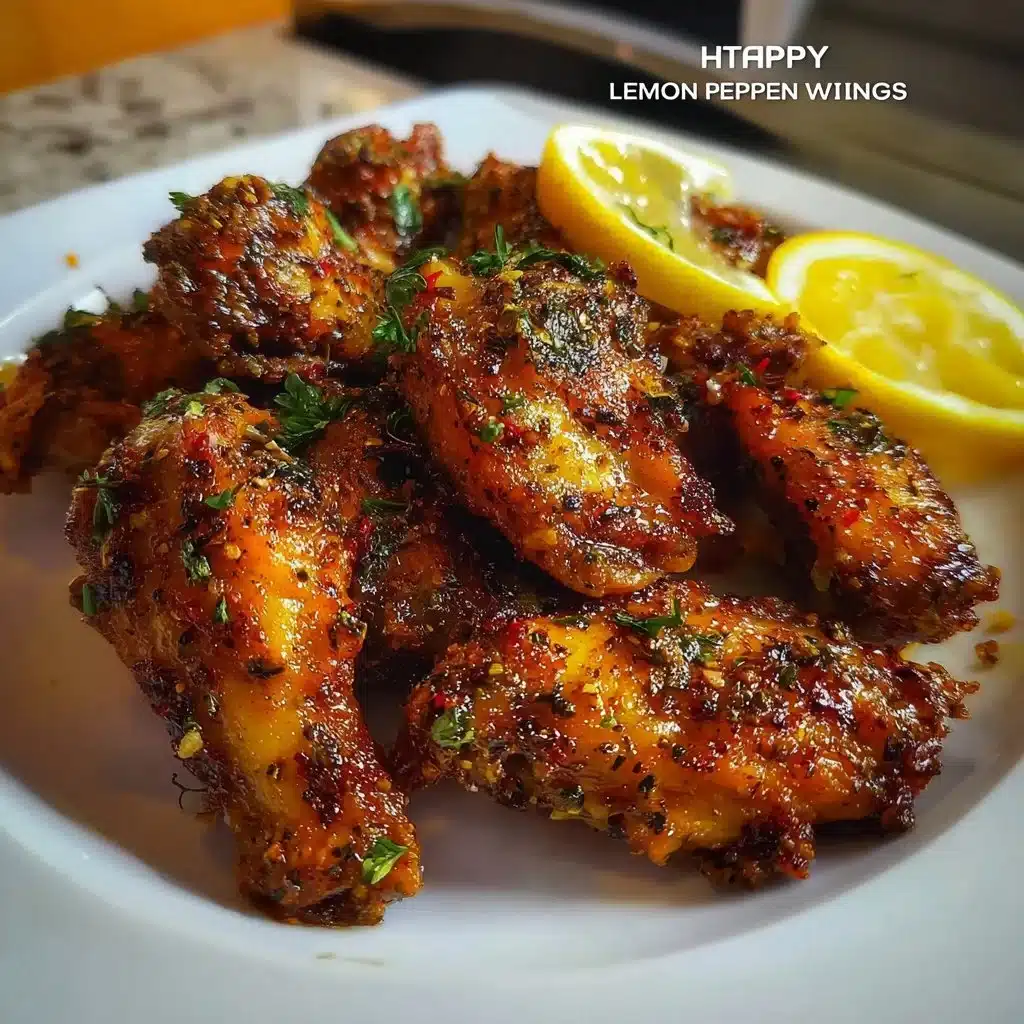 Crispy lemon pepper wings garnished with fresh herbs and lemon slices