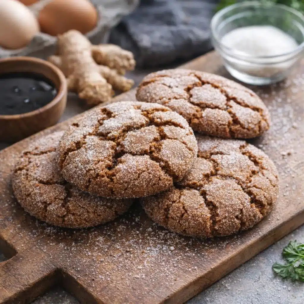 Plate of freshly baked Molasses Crackle Cookies with a crackled sugar topping.
