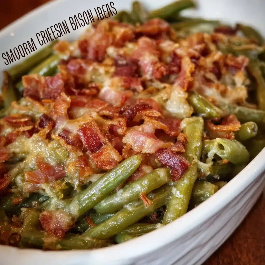 Smothered bacon green bean casserole served in a baked dish