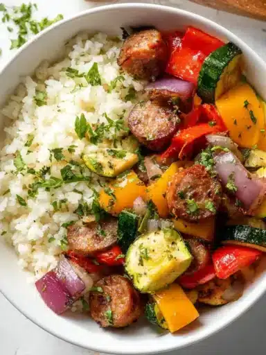 10 minute air fryer chicken sausage with vibrant veggies in the air fryer