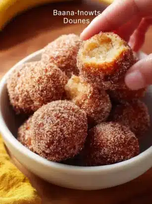 2-Ingredient Banana Donut Holes 3 2-ingredient banana donut holes on a plate with powdered sugar.