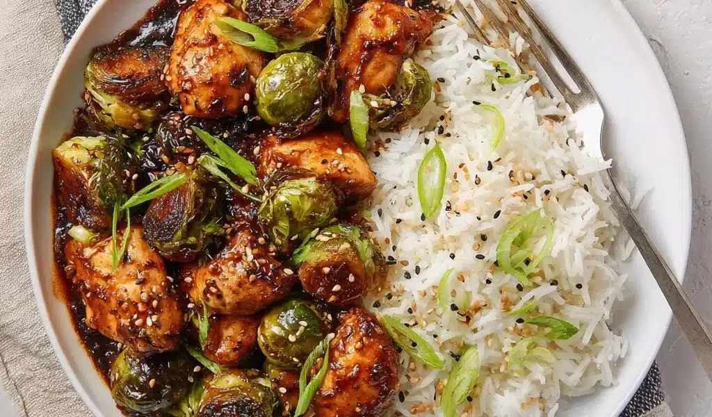 Air fried chicken breast served with roasted Brussels sprouts on a plate.