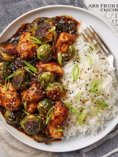 Air fried chicken breast served with roasted Brussels sprouts on a plate.