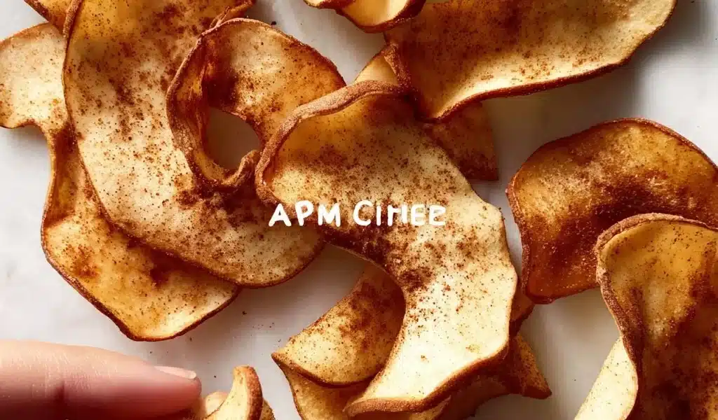 Delicious homemade air fryer apple chips displayed on a wooden board