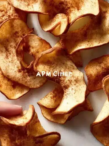 Delicious homemade air fryer apple chips displayed on a wooden board