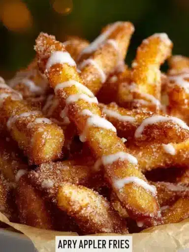 Crispy air fryer apple fries served on a plate with cinnamon dip