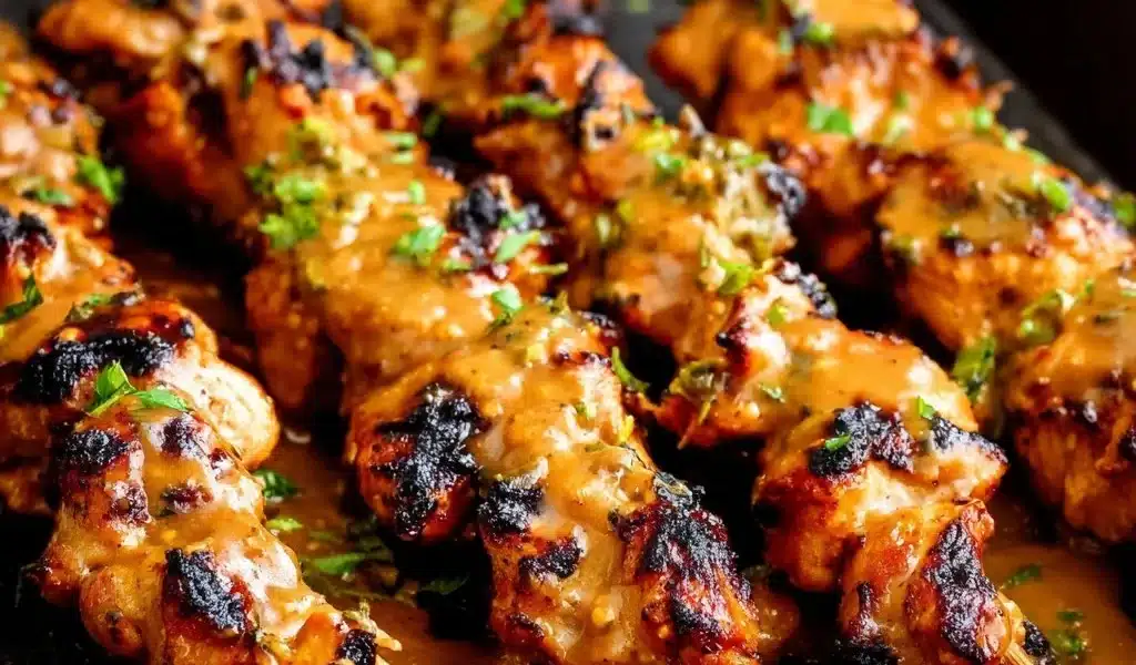 Delicious Air Fryer Bang Bang Chicken Skewers served on a plate