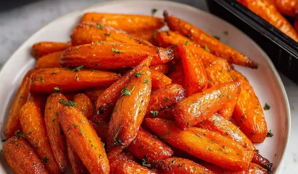 Air Fryer Carrots with Honey Garlic Butter 8 Air fryer carrots with honey garlic butter on a white plate