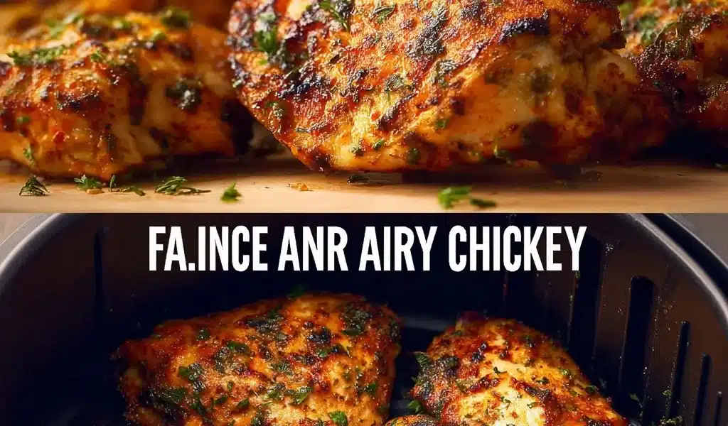 Crispy air fryer chicken breasts served with a side of vegetables.