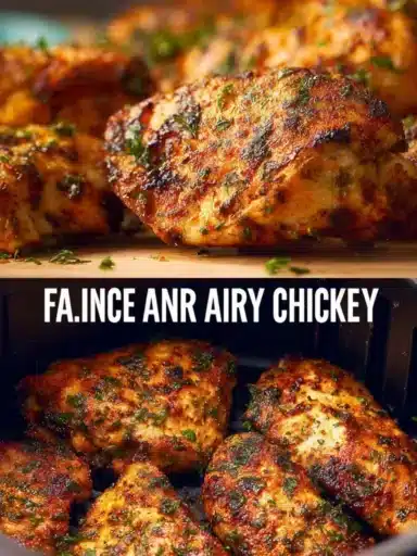 Crispy air fryer chicken breasts served with a side of vegetables.