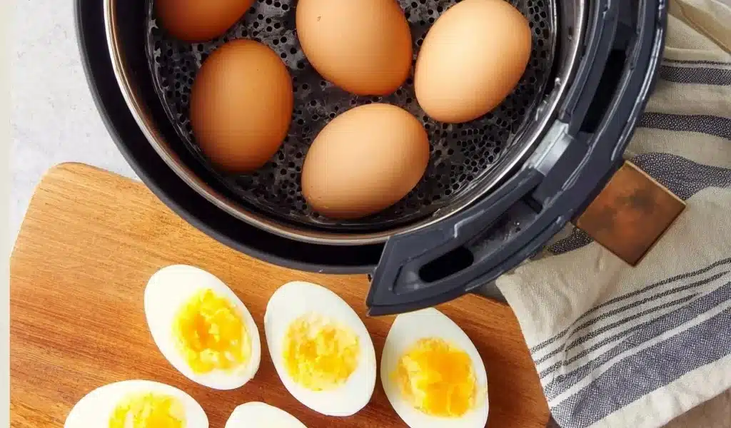 Easy air fryer hard boiled eggs with seasoning for healthy snacks