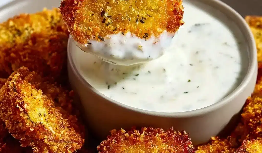 Air fryer fried pickles served with a dipping sauce