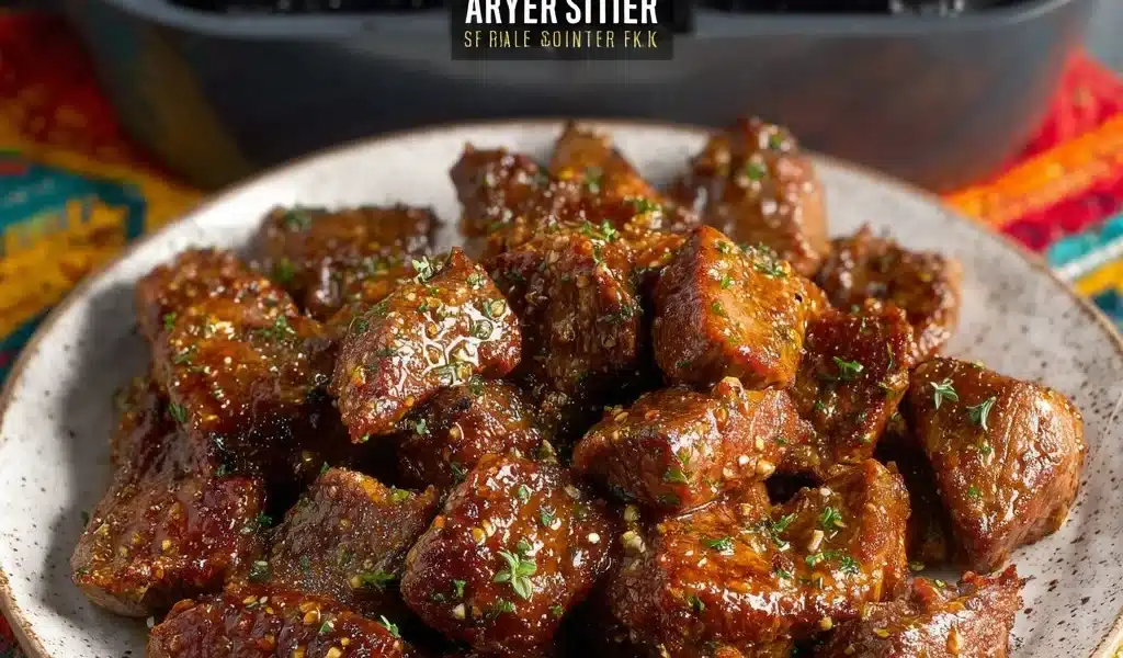 Air Fryer Garlic Butter Steak Bites Recipe - Quick and Delicious 8 Air fryer garlic butter steak bites served on a plate with herbs and spices.