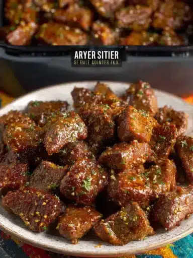 Air fryer garlic butter steak bites served on a plate with herbs and spices.