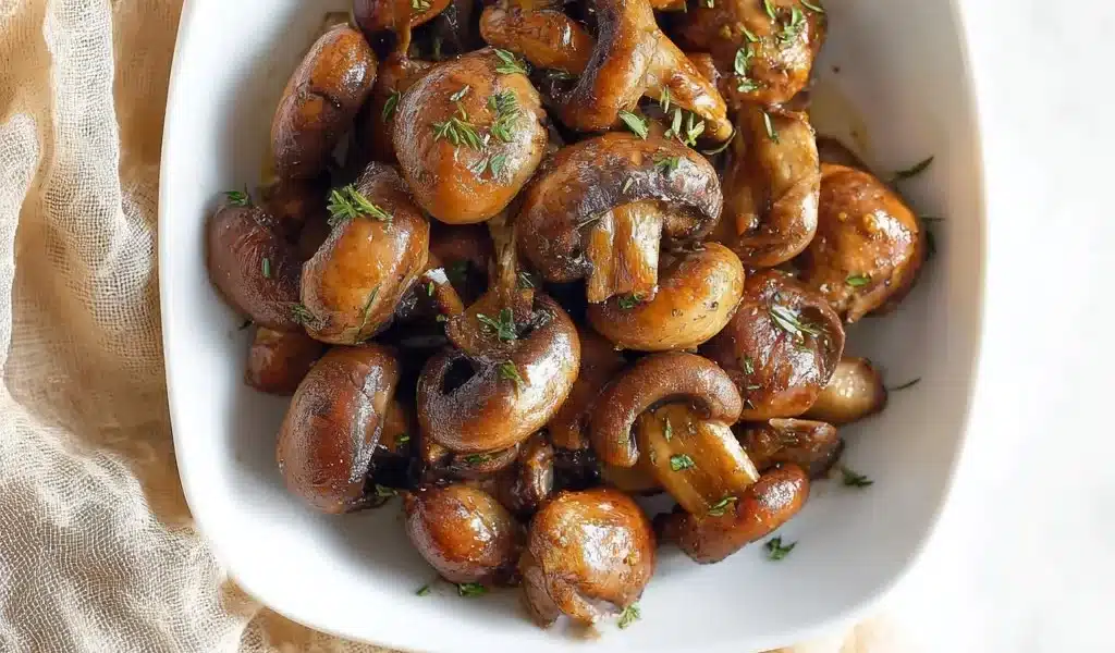 Air Fryer Garlic Mushrooms Recipe – Quick and Delicious 6 Plate of air fryer garlic mushrooms garnished with herbs