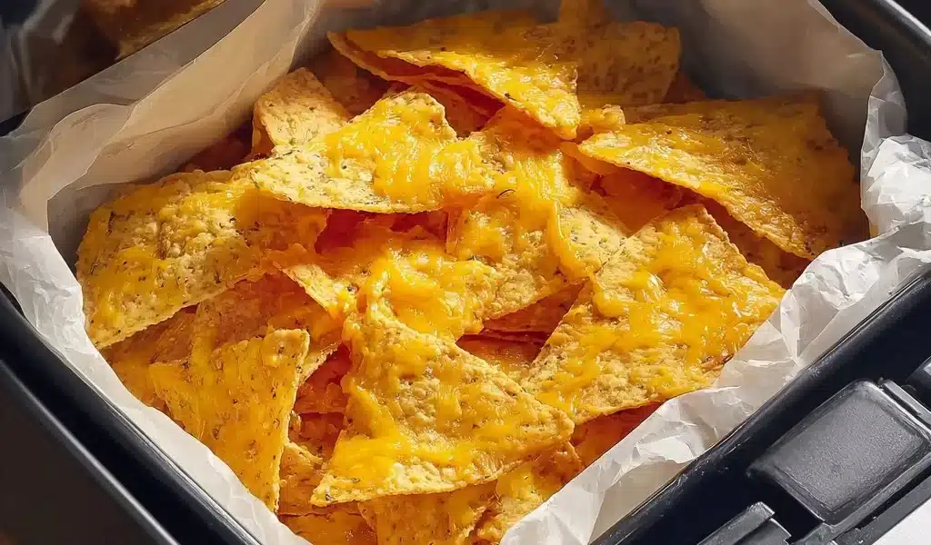 Delicious Air Fryer Nachos topped with cheese, jalapeños, and salsa.