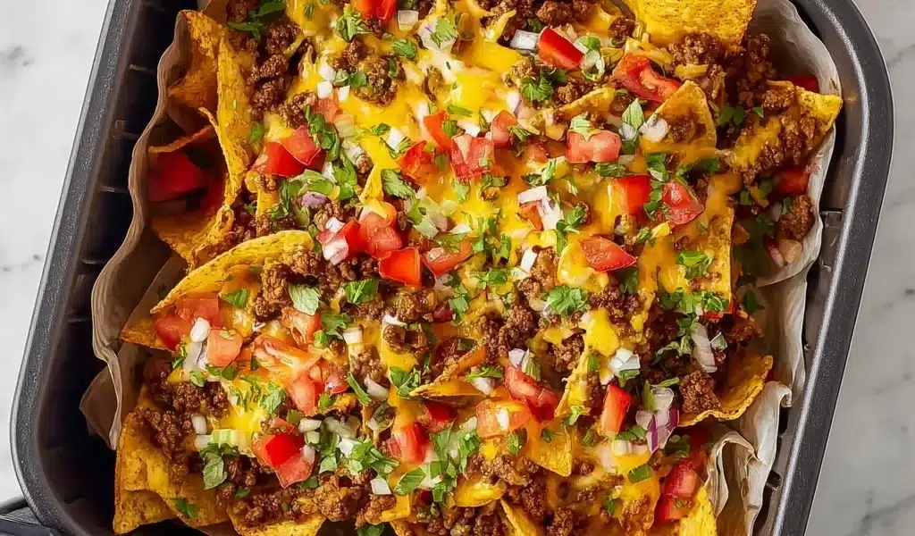 Delicious Air Fryer Nachos topped with cheese and jalapeños