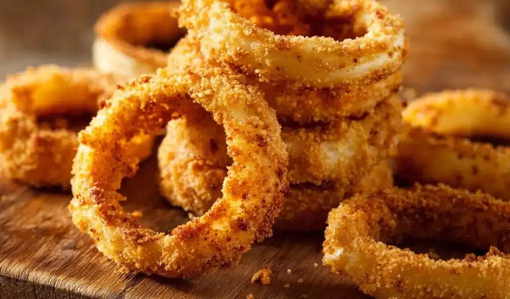 Crispy Air Fryer Onion Rings prepared with spices and served on a plate.