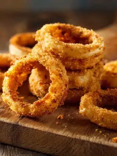 Crispy Air Fryer Onion Rings prepared with spices and served on a plate.