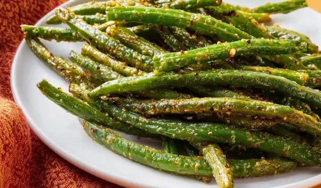 Air Fryer Parmesan Green Beans garnished with Parmesan cheese and spices