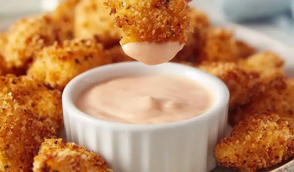 Plate of crispy air fryer popcorn chicken with dipping sauce.