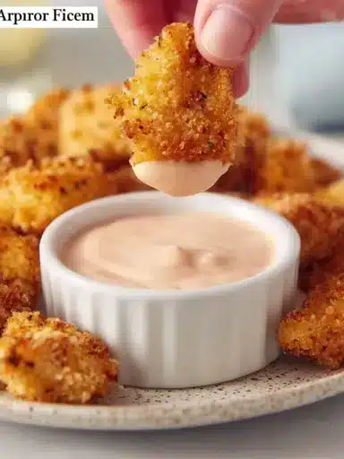 Plate of crispy air fryer popcorn chicken with dipping sauce.