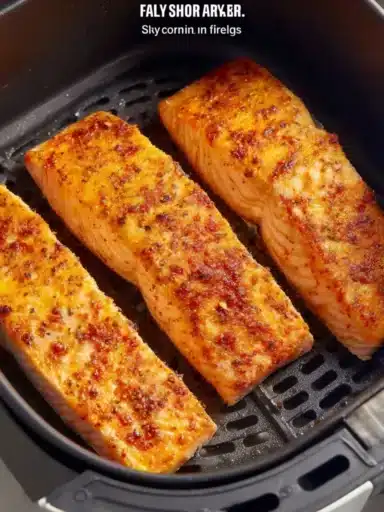 Delicious air fryer salmon fillet garnished with herbs