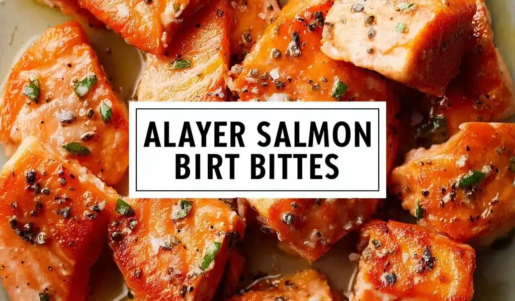 Air Fryer Salmon Bites with Lemon Garlic Butter Sauce 8 Crispy air fryer salmon bites served with lemon garlic butter sauce