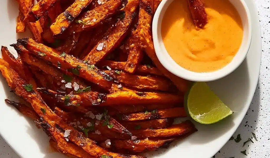 Air Fryer Sweet Potato Fries Recipe – Delicious and Healthy 6 Crispy air fryer sweet potato fries served on a plate with dipping sauce