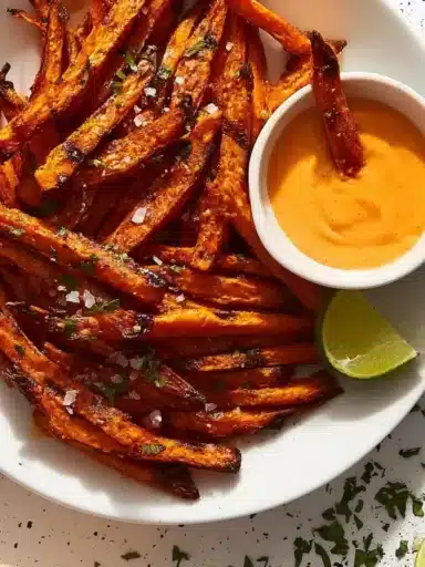 Crispy air fryer sweet potato fries served on a plate with dipping sauce
