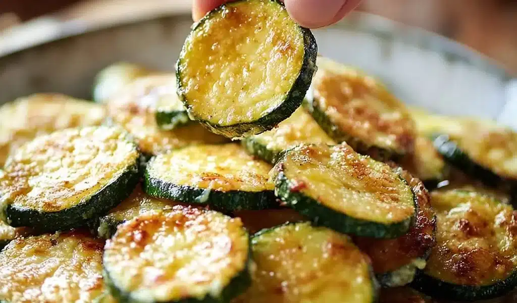Crispy air fryer zucchini slices seasoned and cooked to perfection.