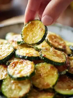 Crispy air fryer zucchini slices seasoned and cooked to perfection.