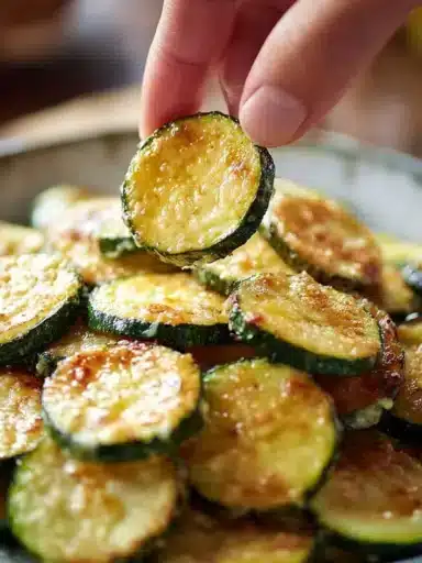 Crispy air fryer zucchini slices seasoned and cooked to perfection.