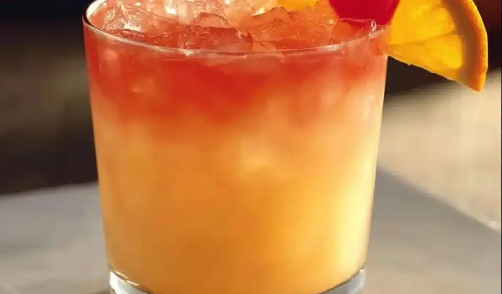 Tropical Amaretto Island Punch cocktail served in a glass with fruit garnishes