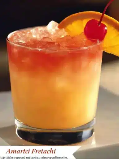 Tropical Amaretto Island Punch cocktail served in a glass with fruit garnishes