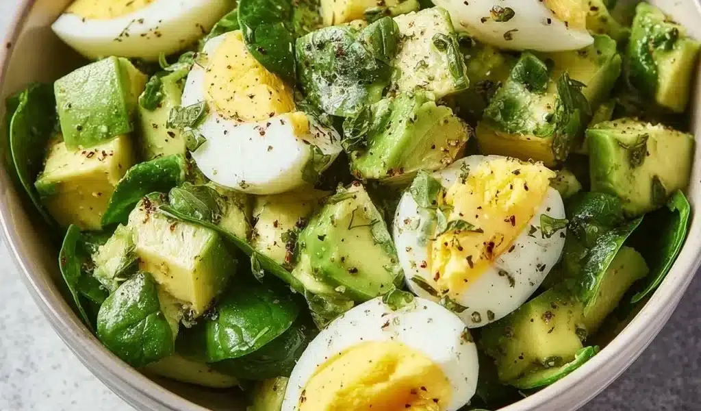 Delicious avocado egg salad served in a bowl with fresh herbs