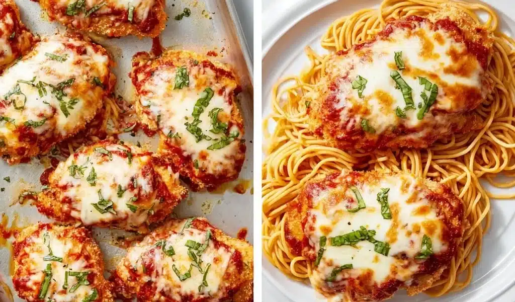 Delicious Baked Chicken Parmesan served with marinara sauce and cheese