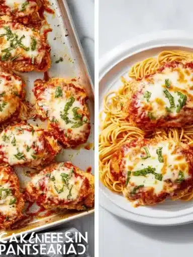 Delicious Baked Chicken Parmesan served with marinara sauce and cheese