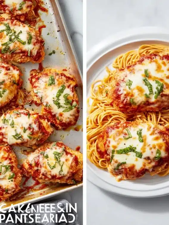 Delicious Baked Chicken Parmesan served with marinara sauce and cheese