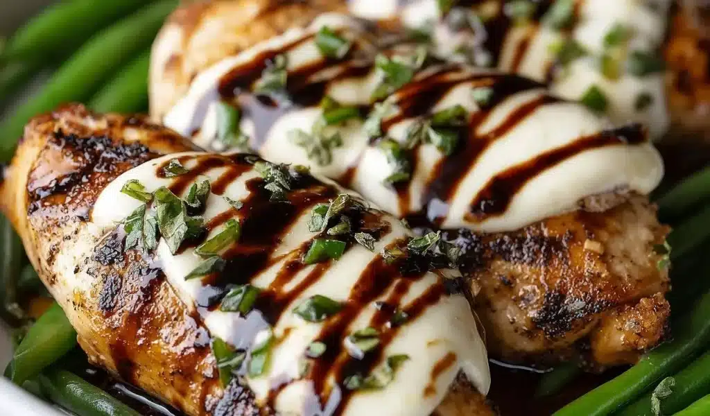 Balsamic baked chicken breast topped with melted mozzarella cheese on a plate