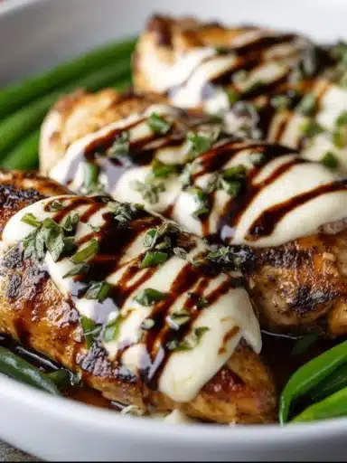 Balsamic baked chicken breast topped with melted mozzarella cheese on a plate