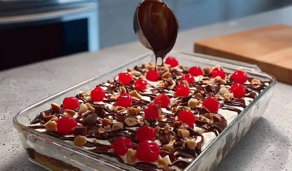 Delicious Banana Split Delight topped with fresh fruit and whipped cream