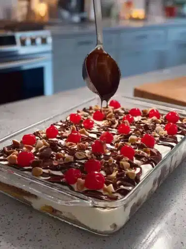 Delicious Banana Split Delight topped with fresh fruit and whipped cream