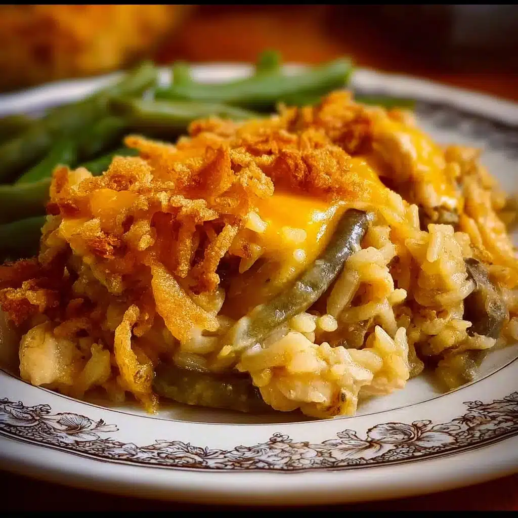 Cheesy Chicken and Rice Green Bean Casserole served in a dish