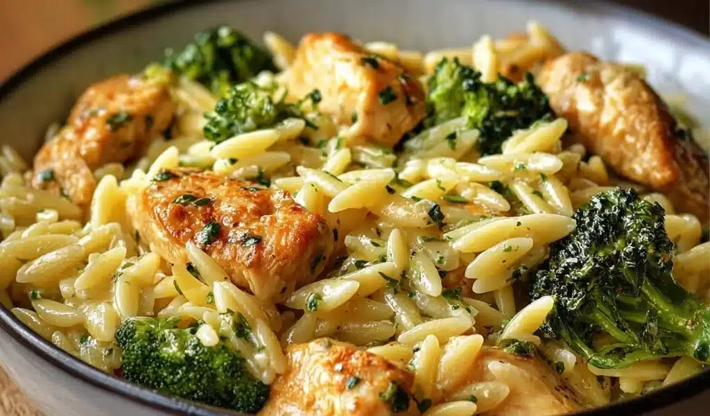 Delicious Cheesy Chicken Broccoli Orzo served in a bowl, garnished with parsley.