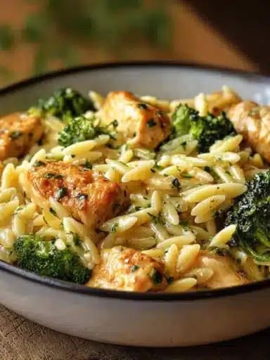 Delicious Cheesy Chicken Broccoli Orzo served in a bowl, garnished with parsley.